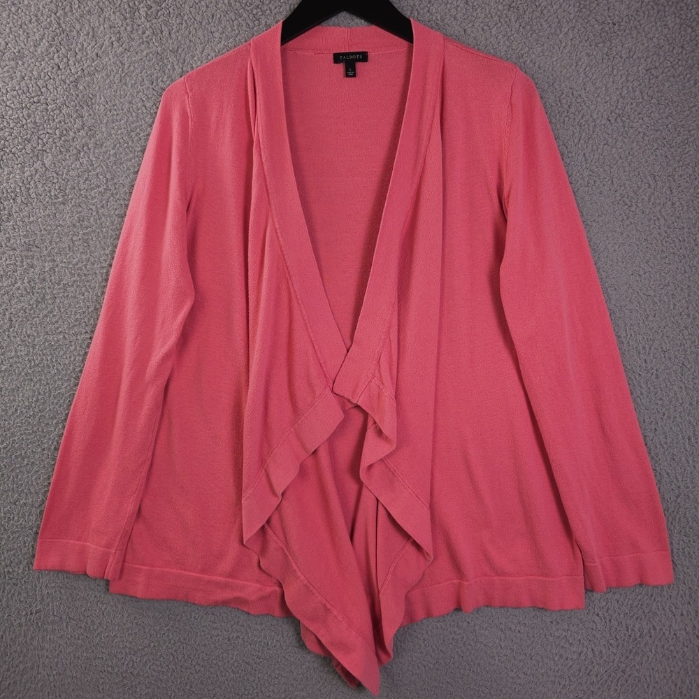 Talbots Sweater Women Large Coral Waterfall Open Front Cardigan Lightweight FLAW